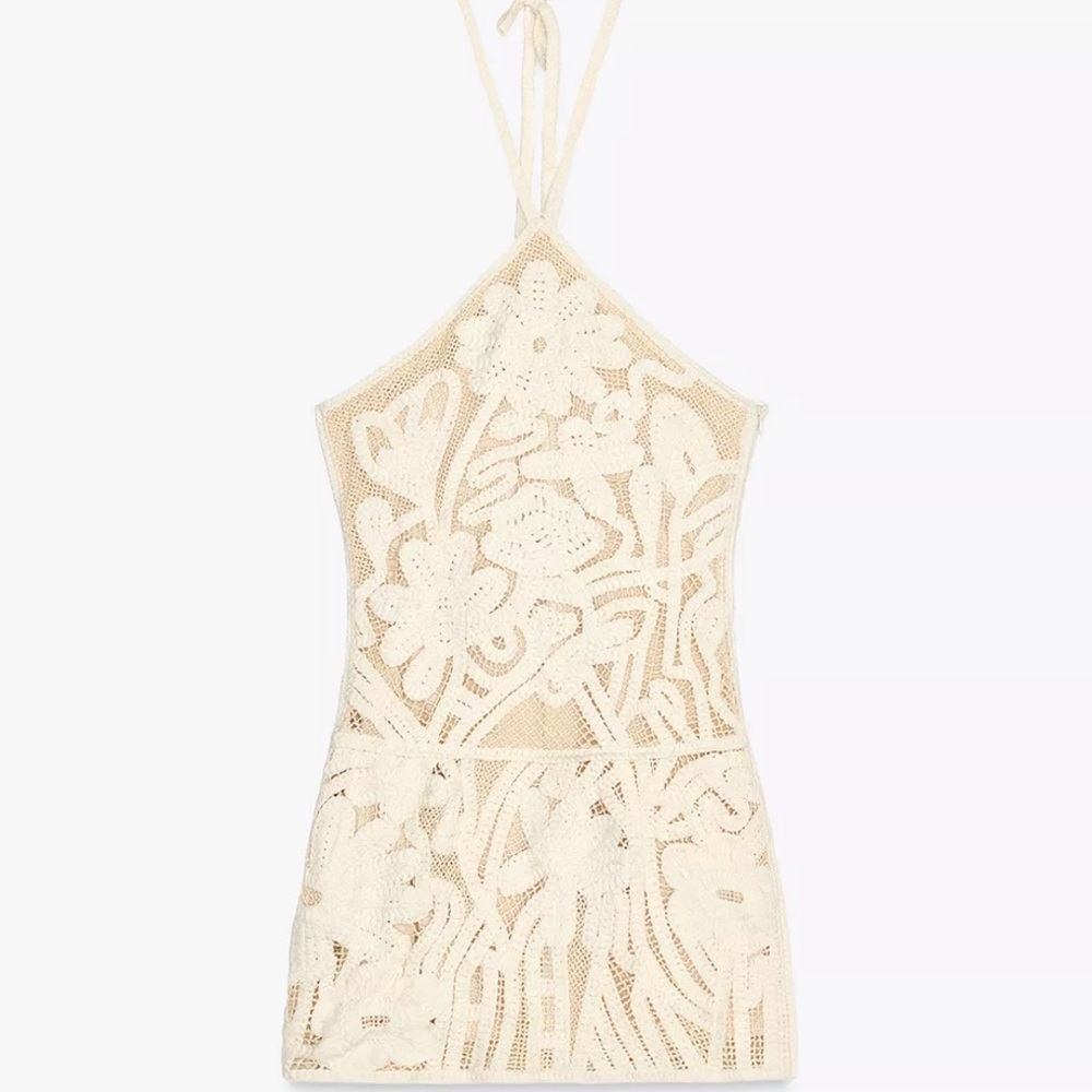 Elegant embroidered Cream Halter Mini Dress